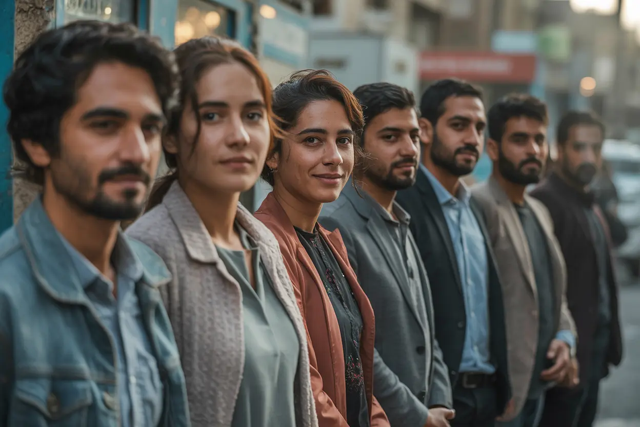 گروهی از جوانان زن و مرد در حال ایستادن در کنار یکدیگر در یک خیابان شهری، با نگاههایی رو به جلو، در فضایی با نورپردازی طبیعی غروب آفتاب. (تصویر ساخته شده با هوش مصنوعی)