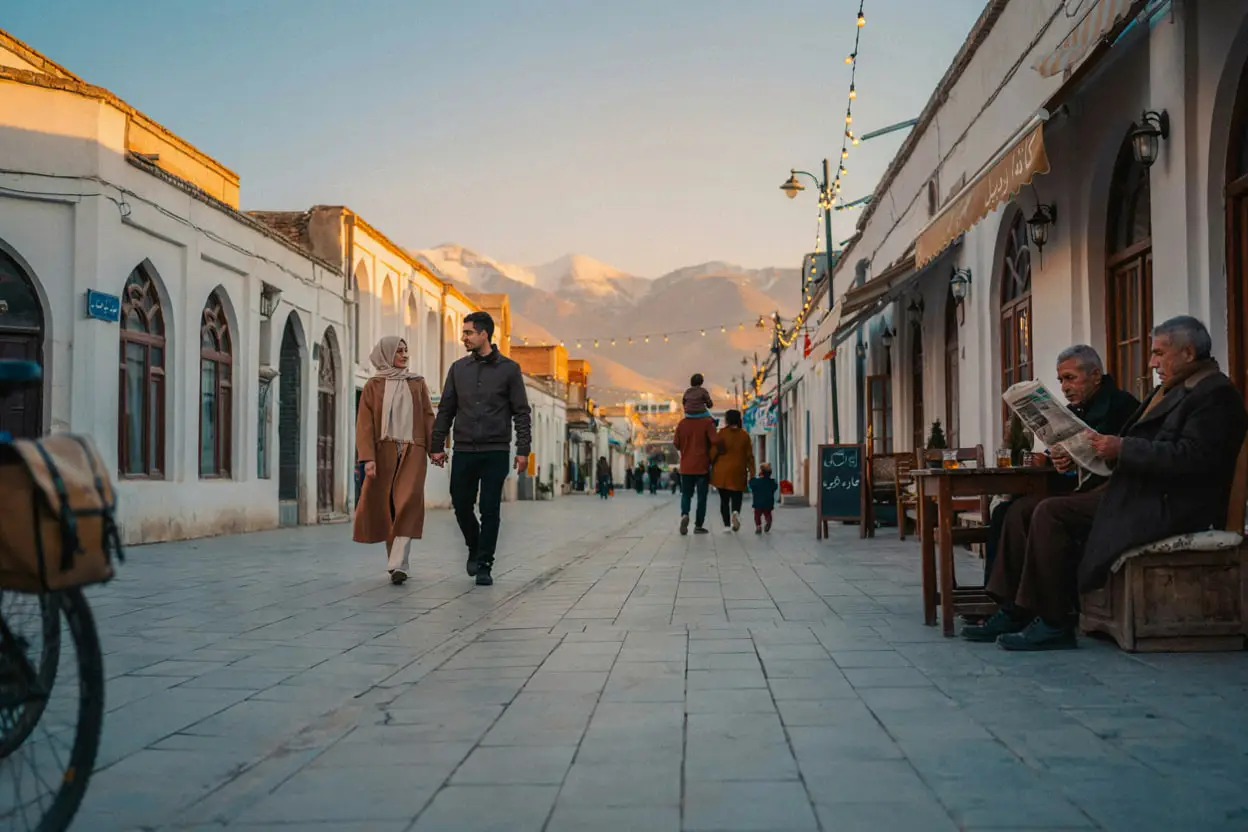 پیاده‌راه تاریخی اردبیل با رهگذران، کافه‌های سنتی و چشم‌انداز کوه سبلان در پس‌زمینه. تصویر ساخته شده با هوش مصنوعی. (تصویر ساخته شده با هوش مصنوعی)