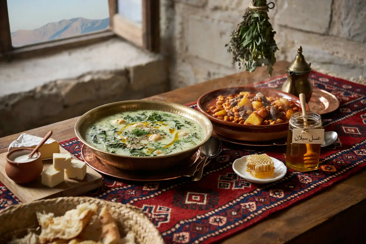 سفره‌ای از غذاهای سنتی اردبیل شامل آش دوغ، خورشت محلی، عسل سبلان و محصولات بومی. تصویر ساخته شده با هوش مصنوعی. (تصویر ساخته شده با هوش مصنوعی)