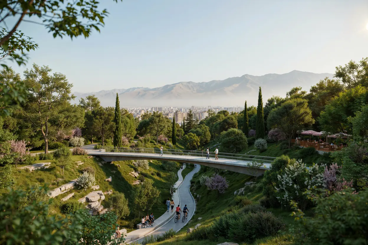 پل پیادهروی بر فراز فضای سبز با چشمانداز کوهستان در یکی از پارکهای تهران (تصویر ساخته شده با هوش مصنوعی)