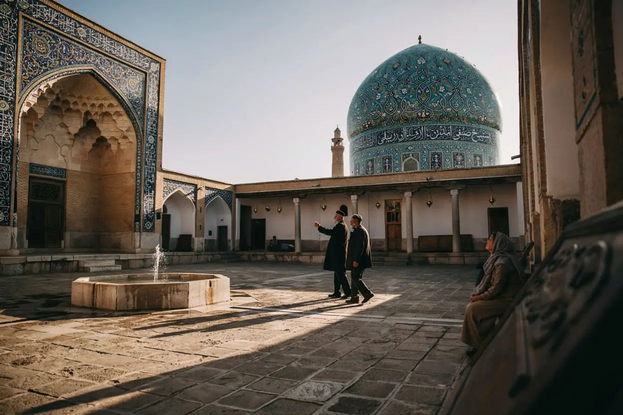 گردشگران در حال بازدید از مجموعه تاریخی شیخ صفی‌الدین اردبیلی، یکی از مهم‌ترین جاذبه‌های فرهنگی اردبیل (تصویر ساخته شده با هوش مصنوعی)